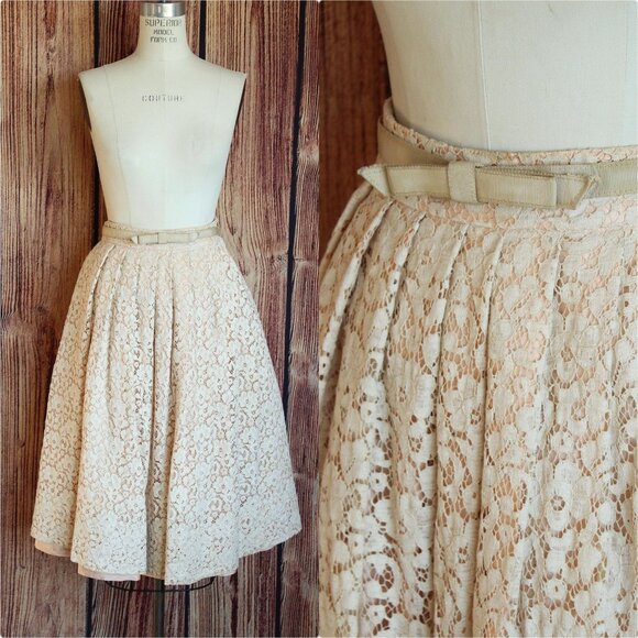 Vintage 1950s 1960s Skirt with Belt, Charm of Hollywood Pink and Ivory Lace - Picture 2 of 10